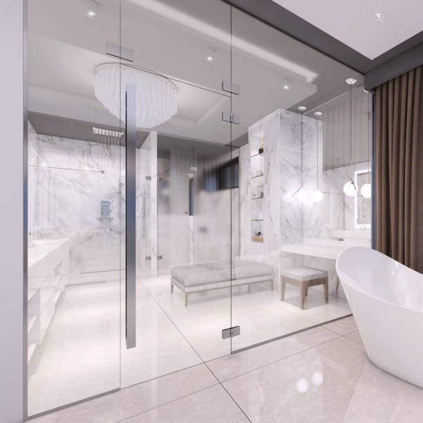 istock Luxury bathroom interior with glass door 1148452761