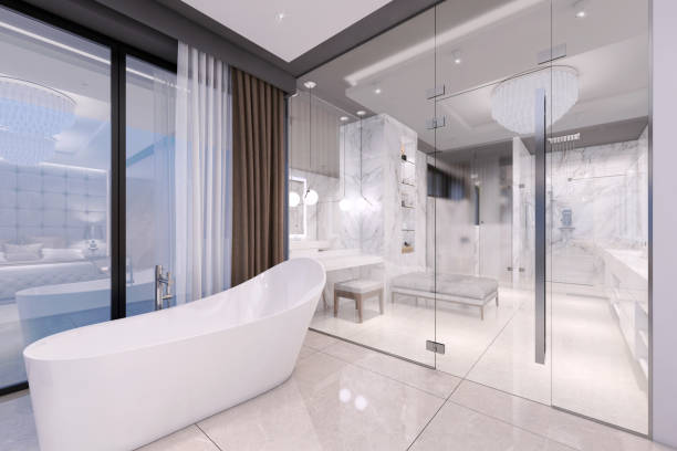 istock Luxury bathroom interior with glass door 1148452762