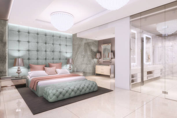 istock Luxury open plan bedroom interior with bathroom with glass wall 1148452777