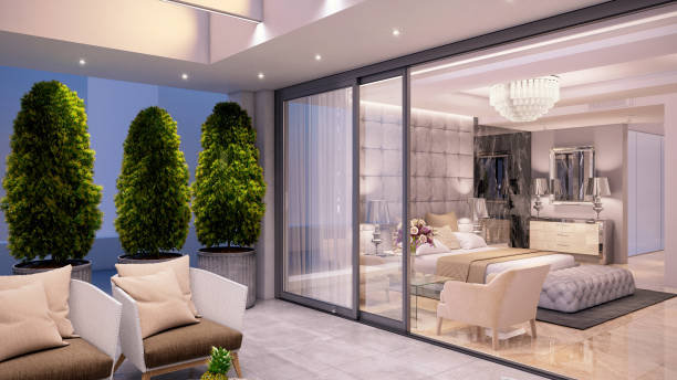 istock Luxury bedroom interior with large terrace 1148452789