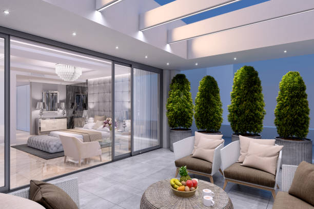 istock Luxury bedroom interior with large terrace 1148452801