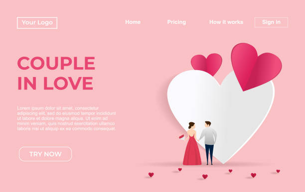 Landing page template of Couple with Dating Apps Illustration Concept. Modern flat design concept of web page design for website and mobile website.Vector illustration Landing page template of Couple with Dating Apps Illustration Concept. Modern flat design concept of web page design for website and mobile website.Vector illustration boyfriend stock illustrations
