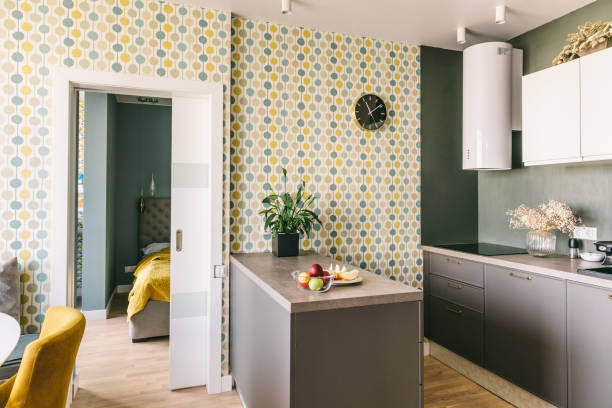 istock Scandinavian interior design. White grey yellow green color kitchen room organization 1148455068