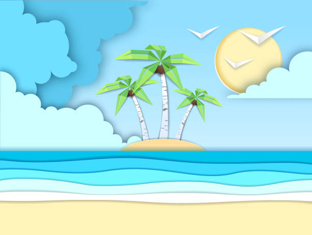 istock Sea or ocean landscape, sea beach cut out paper art style design 1148456993