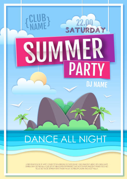 istock Summer disco party poster with sea beach and island. Paper cut out art design 1148457048