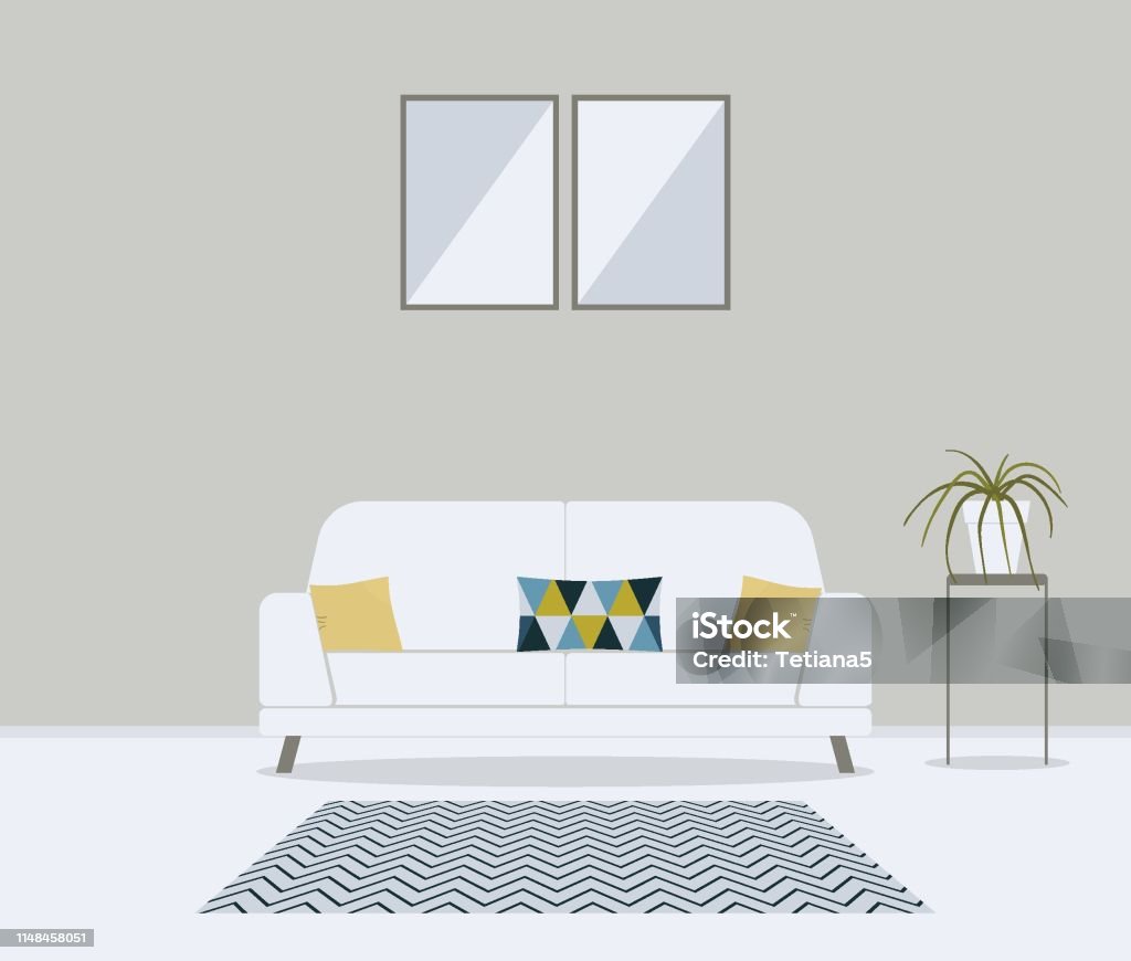 ÐÐ»Ñ ÐÐ½ÑÐµÑÐ½ÐµÑÐ° Modern minimalistic scandinavian style living room. Furniture for home interior: sofa, couch, cushions in cute pattern,carpet, table, сhlorophytum crested in pot. Indoor concept vector illustration Apartment stock vector