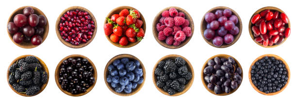 czerwone i czarno-niebieskie jedzenie. kolaż różnych owoców i jagód w kolorze zielonym i czerwonym. malina, truskawka, porzeczka, jagoda, śliwka, winogrona, granat, morwa, borówka i jeżyna. widok z góry. jagody i owoce wyizolowane na białym tle. - blackberry fruit mulberry isolated zdjęcia i obrazy z banku zdjęć