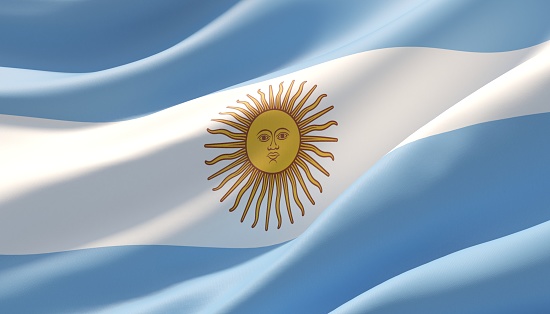 Waved highly detailed close-up flag of Argentina. 3D illustration.