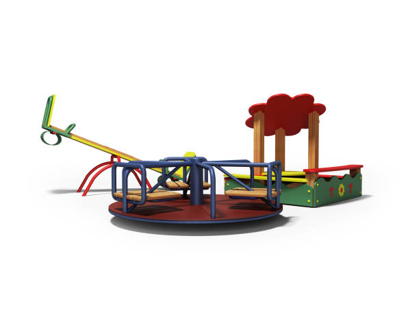 istock Modern playground for children with sandbox and two swings 3d render on white background with shadow 1148459101