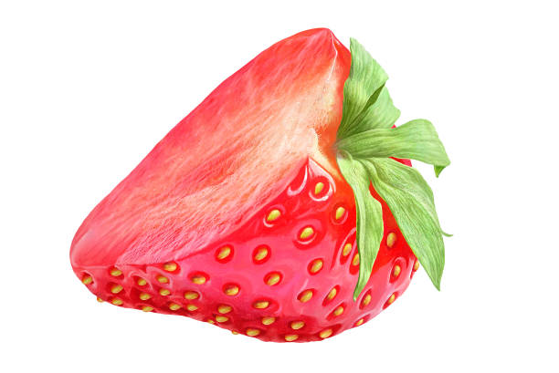 istock Strawberry cut with green leafs isolated on white 1148465797
