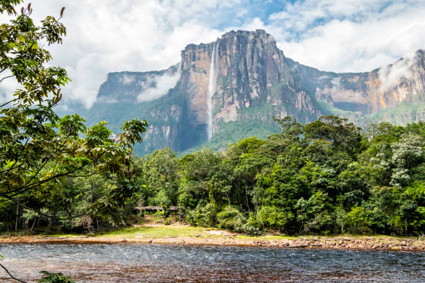 View of Angel falls from Carrao river, Canaima National Park, Venezuela stock photo