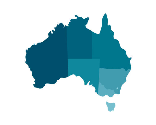 ilustraciones, imágenes clip art, dibujos animados e iconos de stock de vector ilustración aislada del mapa administrativo simplificado de australia. fronteras de las regiones, incluyendo sólo los territorios más cercanos. siluetas de color azul caqui - australasia