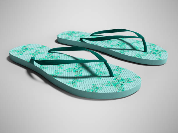 istock Modern blue beach slippers with flowers 3d render on gray background with shadow 1148472865