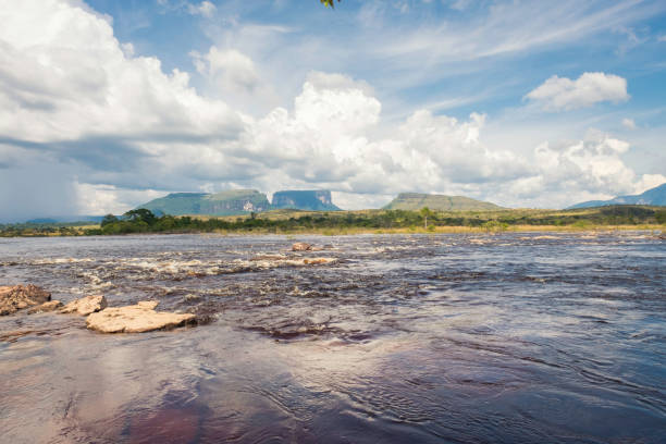 istock Small Tepuis (Flat Top Mountains) standing across a River in Canaima, Venezuela 1148474739