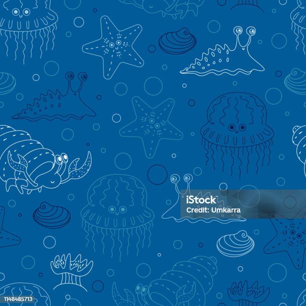 Crab And Insect Shell Patterns Hermit Crab Starfish Shell And Slug On Blue Background Seamless Pattern ...