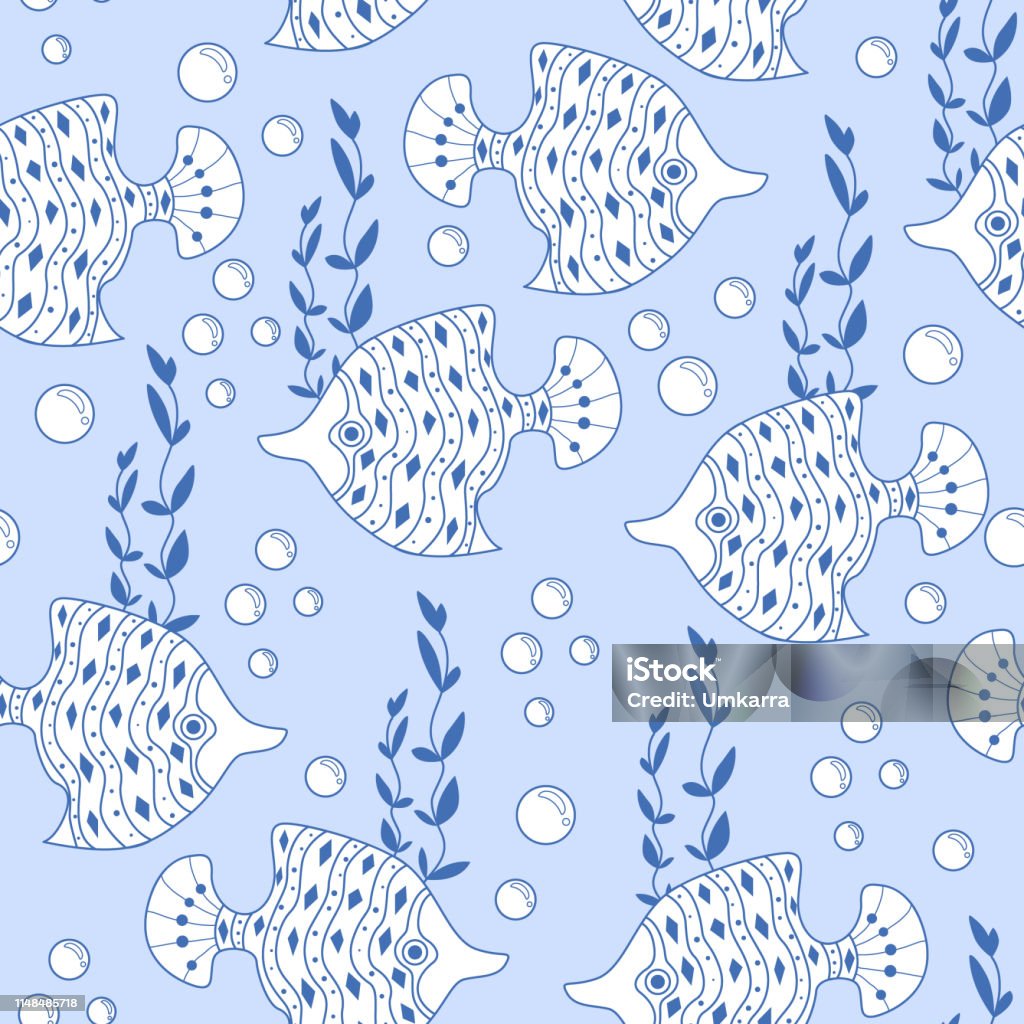 Dimond Shape Fish Line Diamondshaped Fish Bubbles And Seaweed On A Blue Background Seamless ...