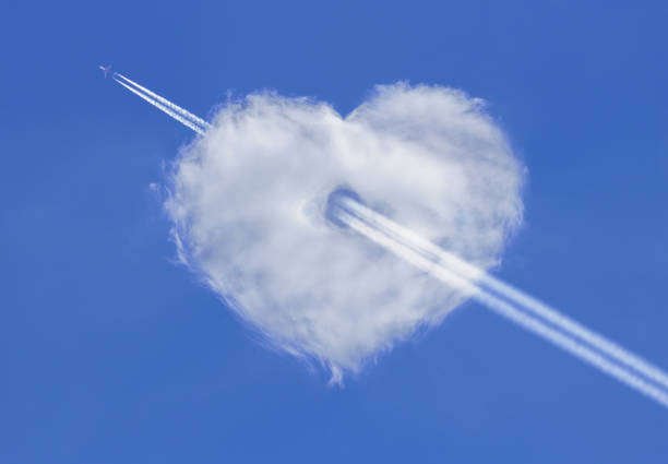 Airplane flying through a heart-shaped white cloud over a blue sky