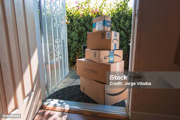 Cardboard Package Delivery At Front Door Stock Photo - Download Image Now - Amazon.com, Box - Container, Package