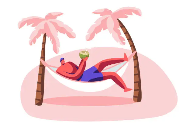 Vector illustration of Young Man Relax in Hammock with Coconut in Hands. Summer Time Leisure on City Beach with Palms. Lounging Male Character Drinking Juice on Resort Seaside, Vacation Rest Cartoon Flat Vector Illustration