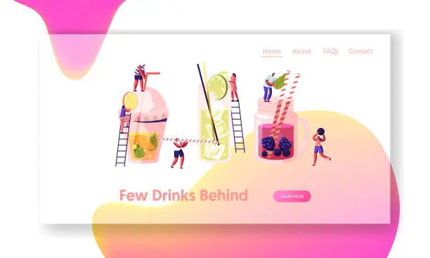 Vector illustration of People Drinking Cold Drinks, Choose Different Beverages in Summer Time. Glass and Plastic Cups with Straw, Fruits, Ice Cubes. Website Landing Page, Web Page. Cartoon Flat Vector Illustration, Banner