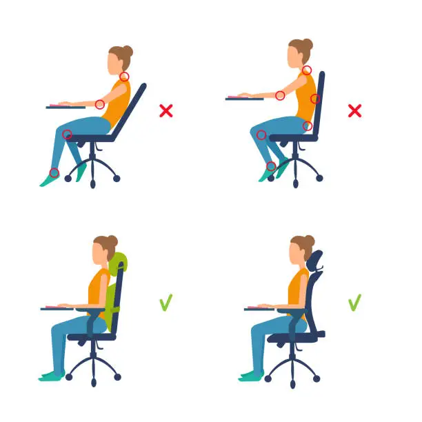 Vector illustration of Correct, incorrect position sitting at the table. Marks of pain in joints, muscles. Ergonomic orthopedic pillow under lower back and neck.