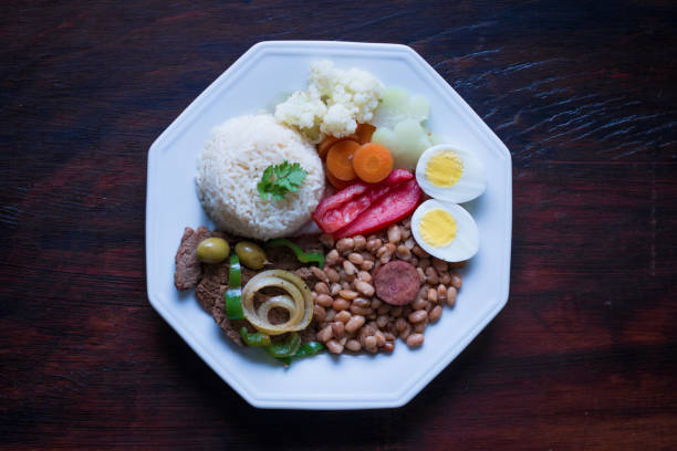 Brazilian food dish - Beans, rice, meat, eggs, salad