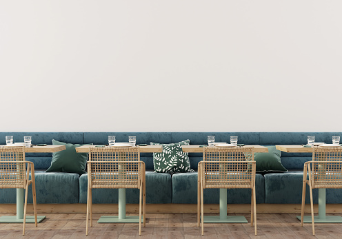 Stylish cafe interior with soft blue sofa, wooden tables, chairs and parquet / 3D illustration, 3d render
