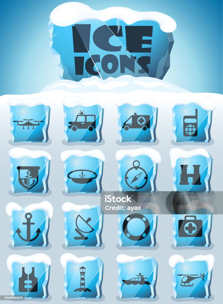 coastguard icon set coastguard vector icons frozen in transparent blocks of ice 4x4 stock vector