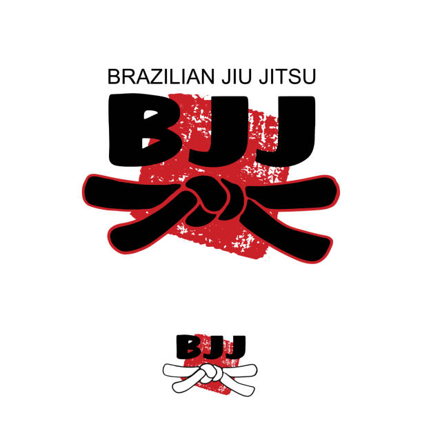 bjj (브라질 주 짓 지)-붉은 잉크 스탬프와 흰색 배경에 일본 부 대 무술의 검은 색 벨트 매듭 벡터 양식에 일치 시키는 글꼴-hanko. 손으로 그린 서 예 아시아 스포츠 로고, 아이콘, 기호 - mixed martial arts combative sport jiu jitsu wrestling stock illustrations