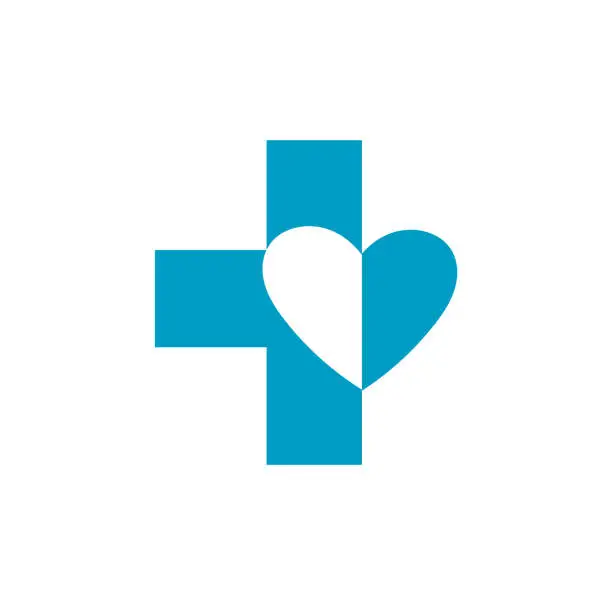 Vector illustration of Cross with heart. Cross icon is suitable for pharmacy chain logo.