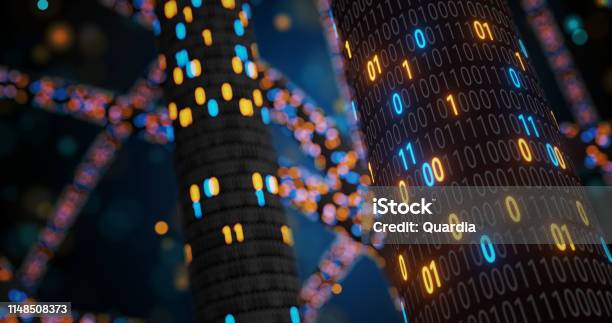 Abstract Blue And Orange Digital Binary Code Matrix Background With ...