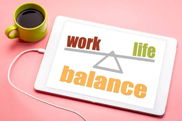 work and life balance concept on a digital tablet with a cup of coffee