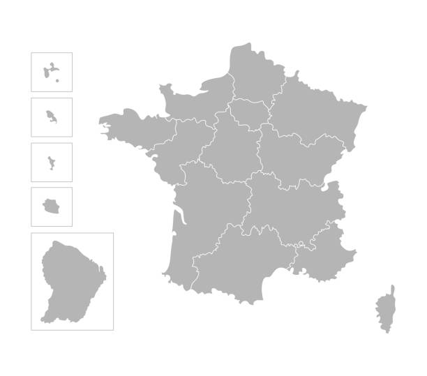 ilustraciones, imágenes clip art, dibujos animados e iconos de stock de vector ilustración aislada del mapa administrativo simplificado de francia. fronteras de las regiones. siluetas grises - territorios franceses de ultramar