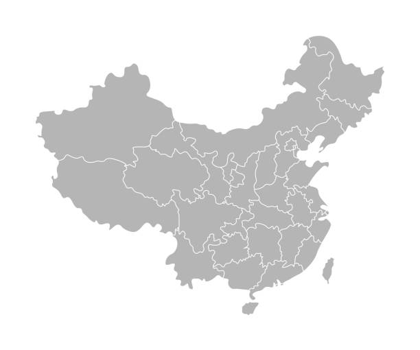 중국의 단순화 된 관리 지도의 벡터 고립 된 그림. 지방의 경계 (지역). 회색 실루엣입니다. 흰색 윤곽선 - map cartography east asia china stock illustrations