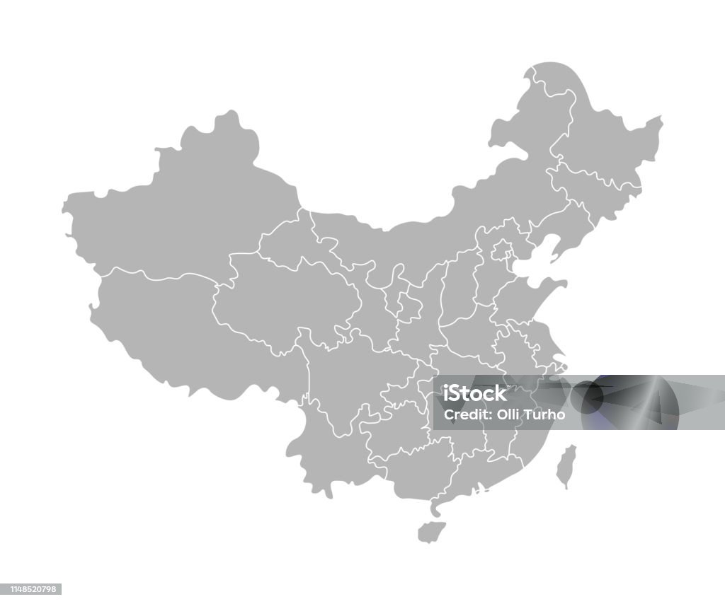 Vektor isolerad illustration av förenklad administrativ karta över Kina. Gränsar av landskapen (regioner). Grå silhuetter. Vit kontur - Royaltyfri Kina vektorgrafik