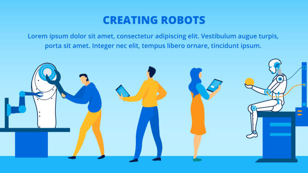 tworzenie procesu robotów w laboratorium badawczym - merchandise new development research stock illustrations