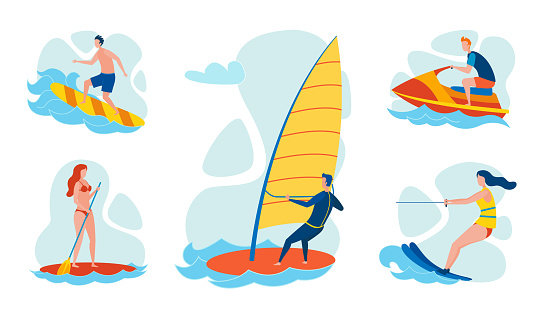 Resort Beach Water Entertainments Flat Vector Set. Man Surfing on Sea Waves, Riding Windsurf and Personal Watercraft or Scooter, Woman in Swimsuit Paddle Surfing, Enjoying Water Skiing Illustration