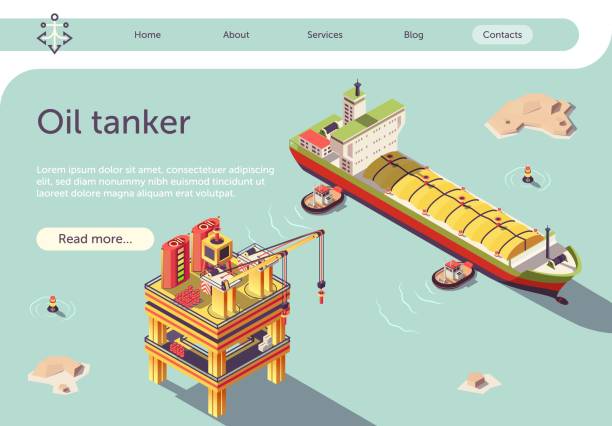 illustrations, cliparts, dessins animés et icônes de navire pétrolier à gaz et plate-forme offshore bannière - isometric natural gas tanker shipping