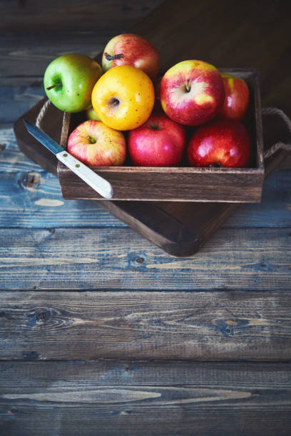 健康的な食事。異なったリンゴの種類の類別が付いているまな板 - apple gala apple fuji apple fruit ストックフォトと画像