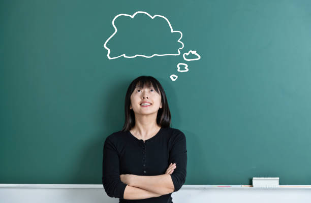 istock Woman in front of blackboard with thought bubble 1148534960