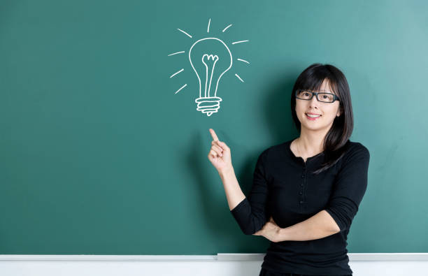 istock Woman pointing light bulb in front of blackboard 1148535019