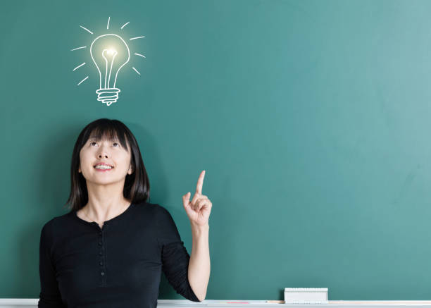istock Woman pointing light bulb in front of blackboard 1148535025