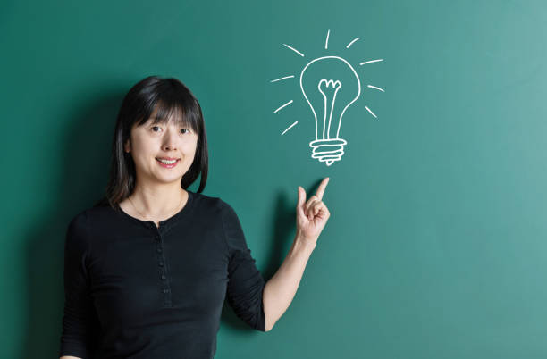 istock Woman pointing light bulb in front of blackboard 1148535033