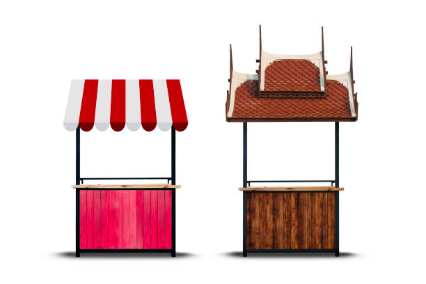 istock Wooden market stand on white. 1148536659