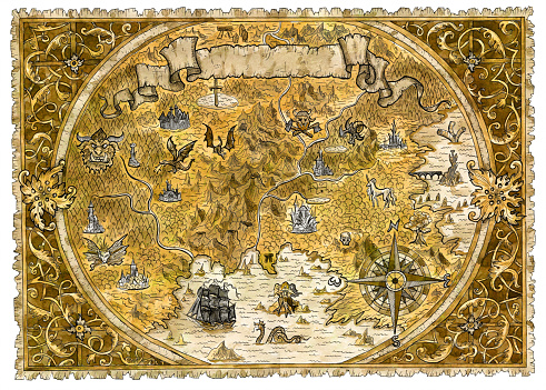 Old pirate map of fantasy world with dragons. Hand drawn graphic illustration of world atlas with vignette banner and victorian frame, old transportation vintage background