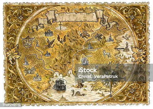 istock Old pirate map of fantasy world with dragons 1148540015