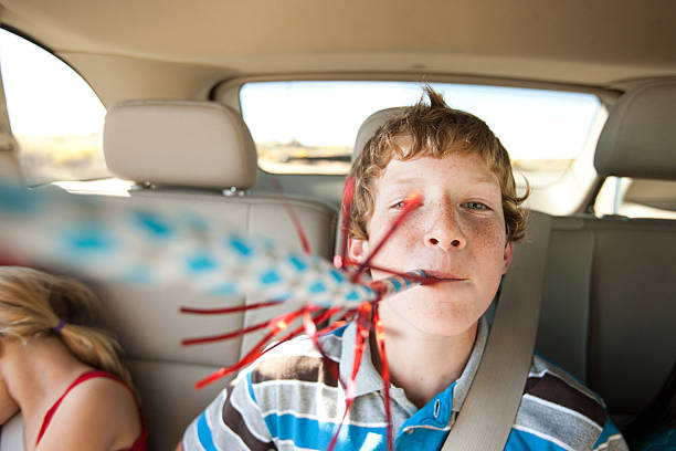 мальчик дуть-участник blower в заднее сиденье в автомобиле - motor vehicle road trip western usa southern california стоковые фото и изображения