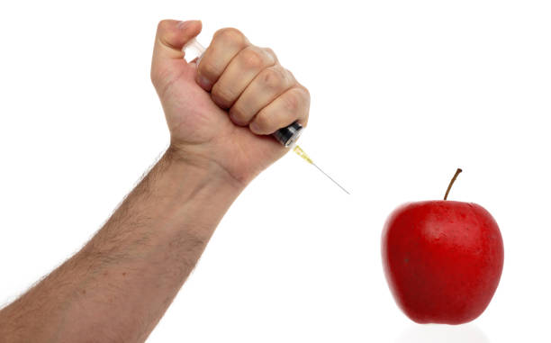 la mano masculina hace una jeringa de inyección en una manzana aislada en blanco. - food crop sprayer insecticide dna fotografías e imágenes de stock