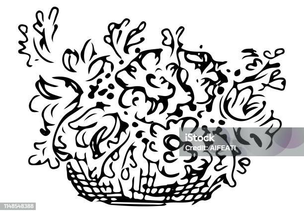 Bouquet Of Peonies Flowers In A Wood Basket Vector Doodle Floral Image Line Art Sketch Stock Illustration - Download Image Now