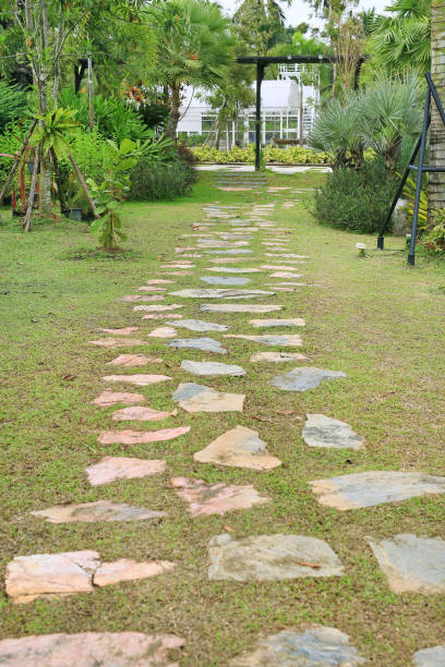 istock Stone walkway in the park with green grass background 1148550730